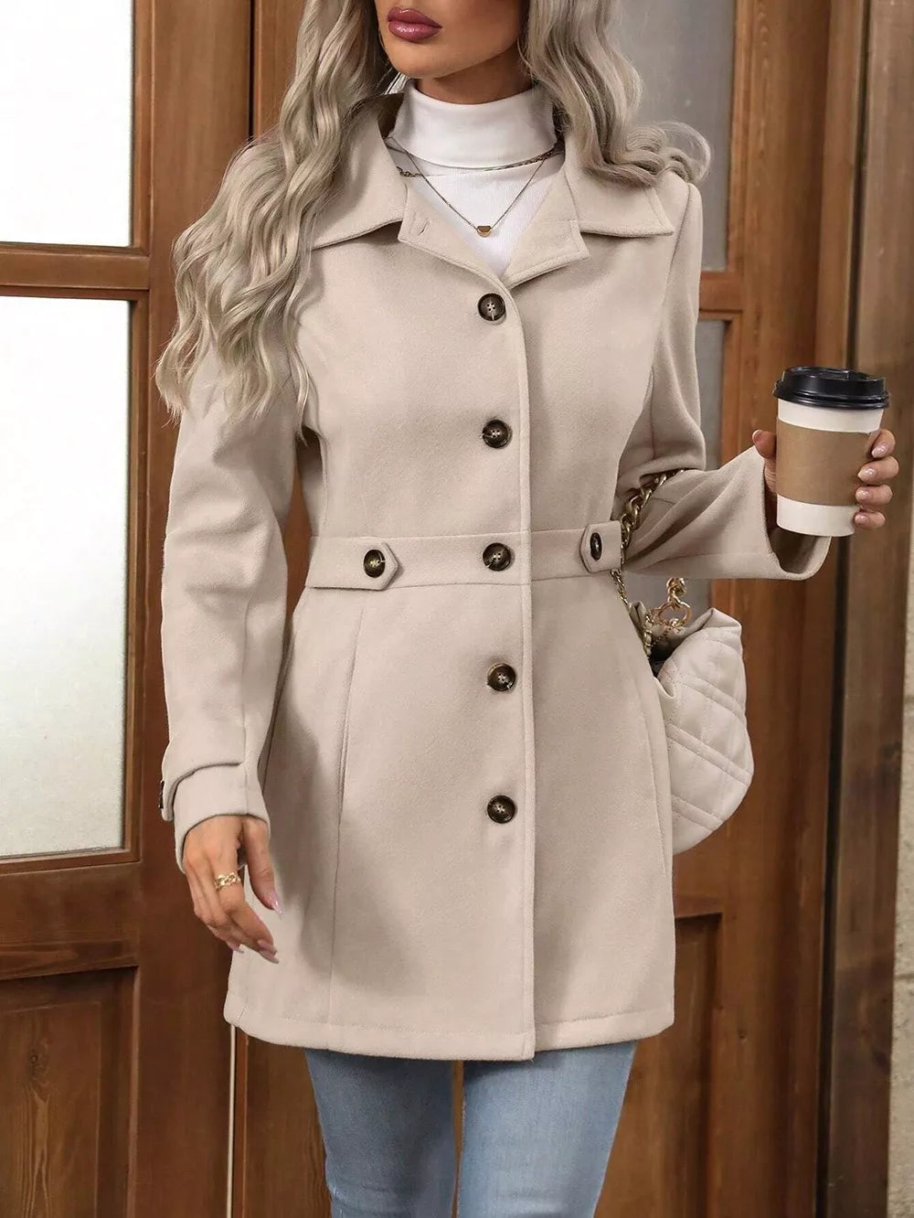 Beige button up winter coat held with a coffee cup, showing the belted waist
