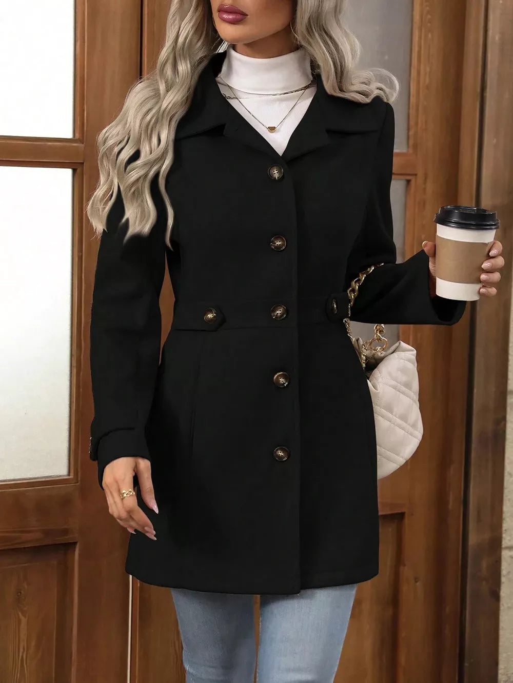 Black fitted button up coat front view with a coffee cup