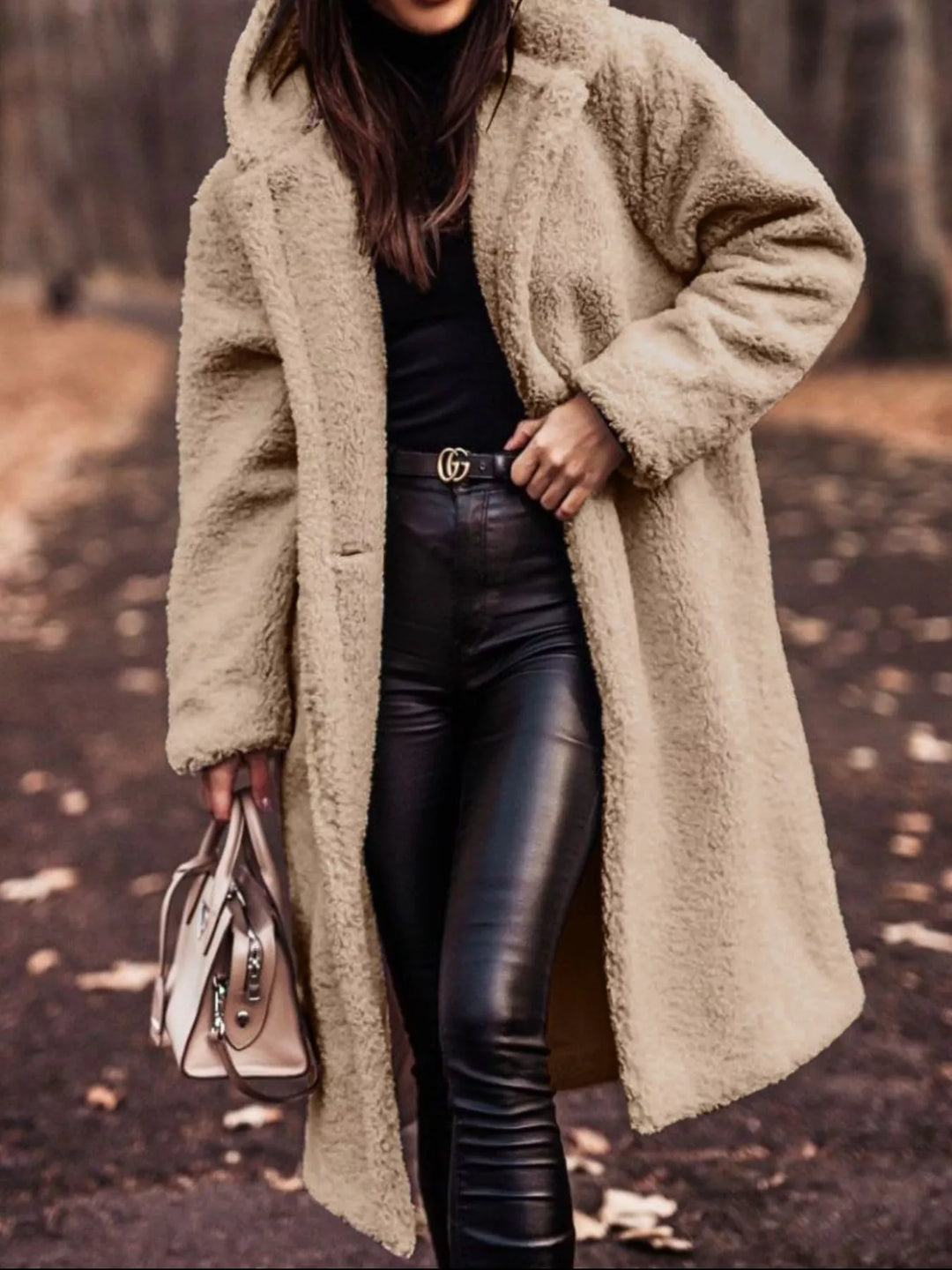 Beige plush hooded longline winter coat with open front, full front view