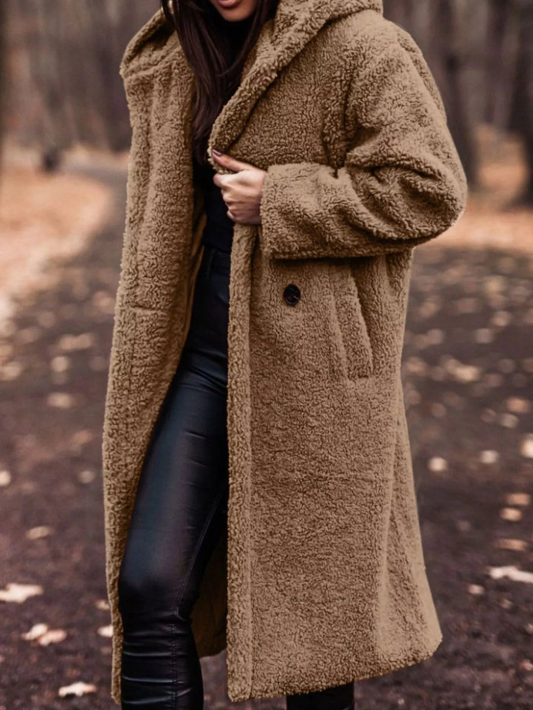 Camel plush hooded longline winter coat with open front, full front view