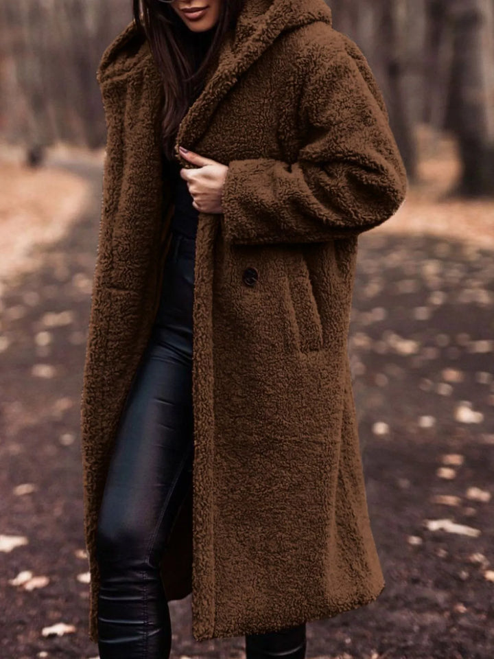 Women's chocolate plush hooded longline winter coat with open front, front view