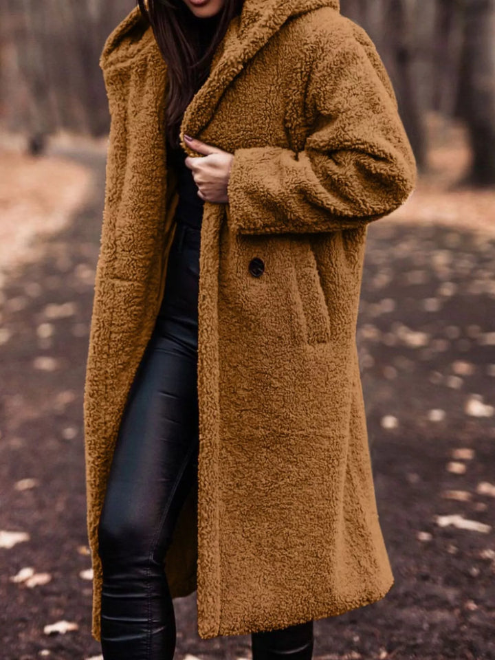 Cognac plush hooded longline winter coat with open front, full front view