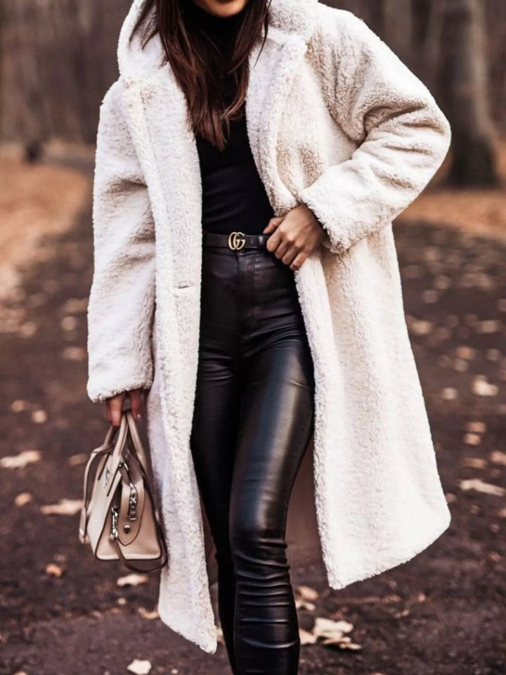 Cream plush hooded longline winter coat with open front, full front view