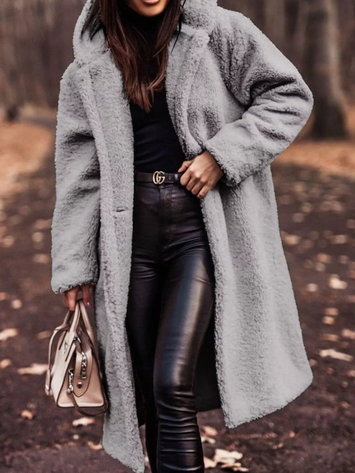Gray plush hooded longline winter coat with open front, full front view
