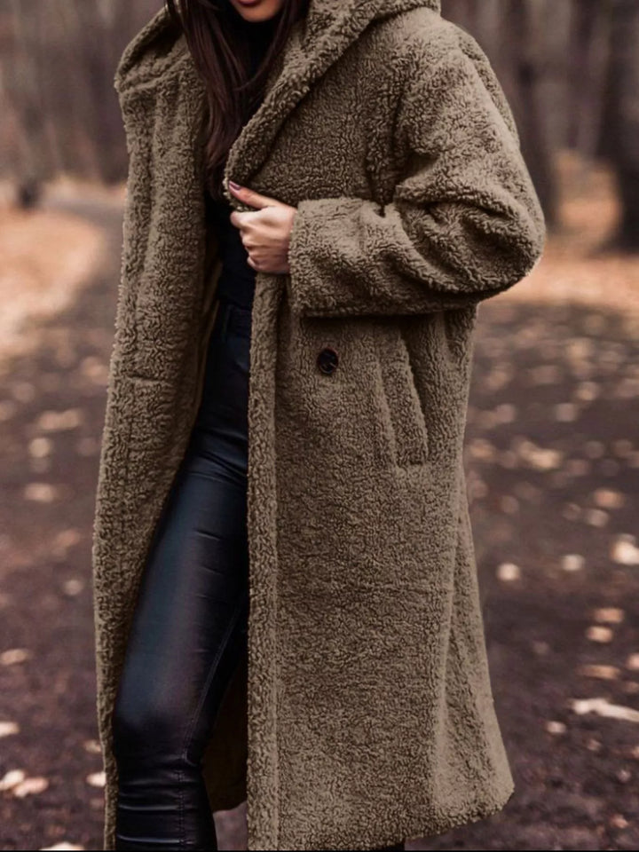 Khaki plush hooded longline winter coat with open front, full front view