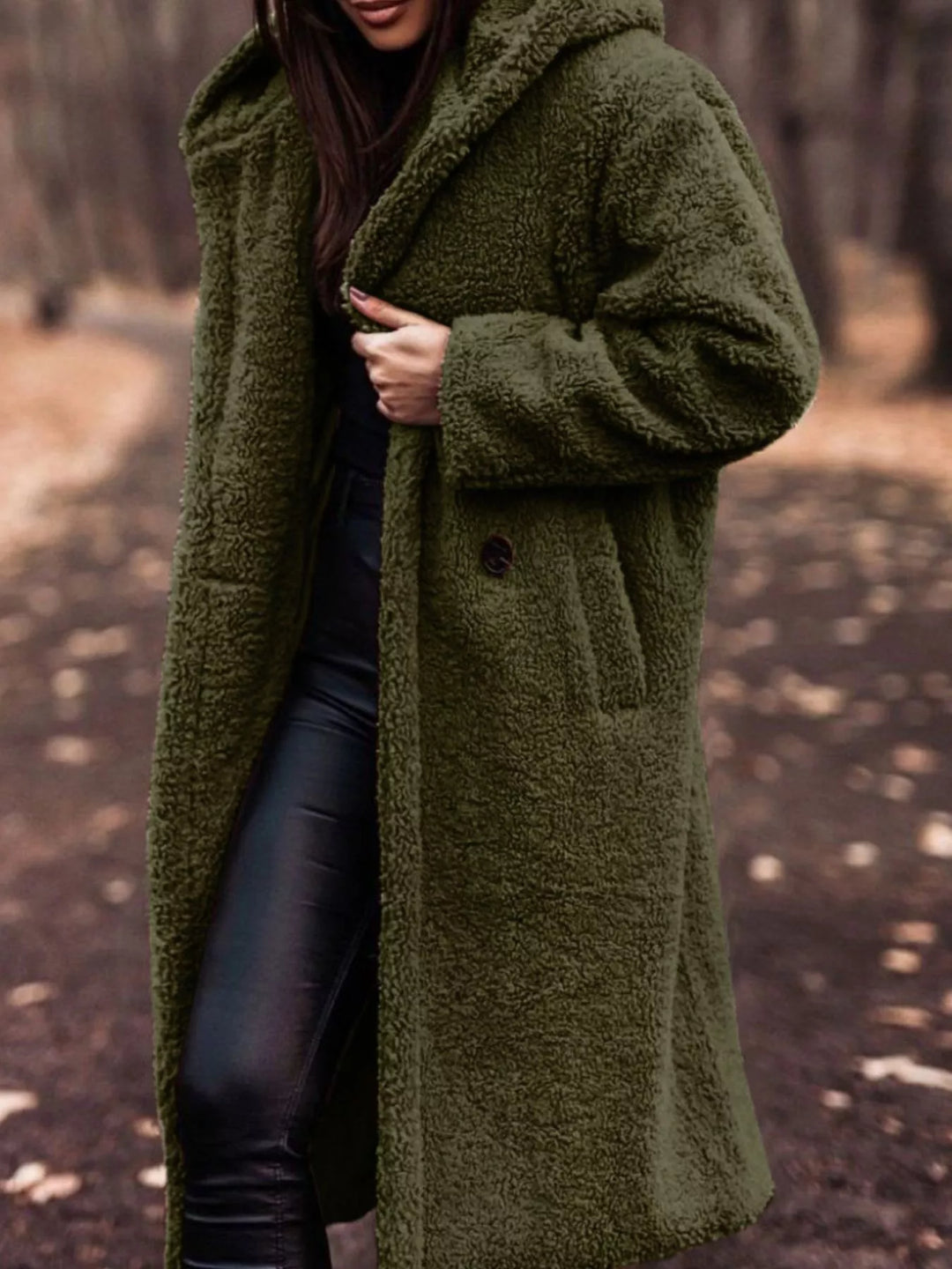 Olive plush hooded longline winter coat with open front, full front view