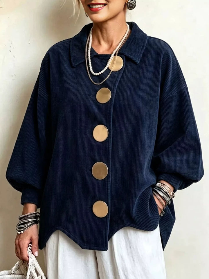 Corduroy-look scalloped hem round buttons in navy, front view