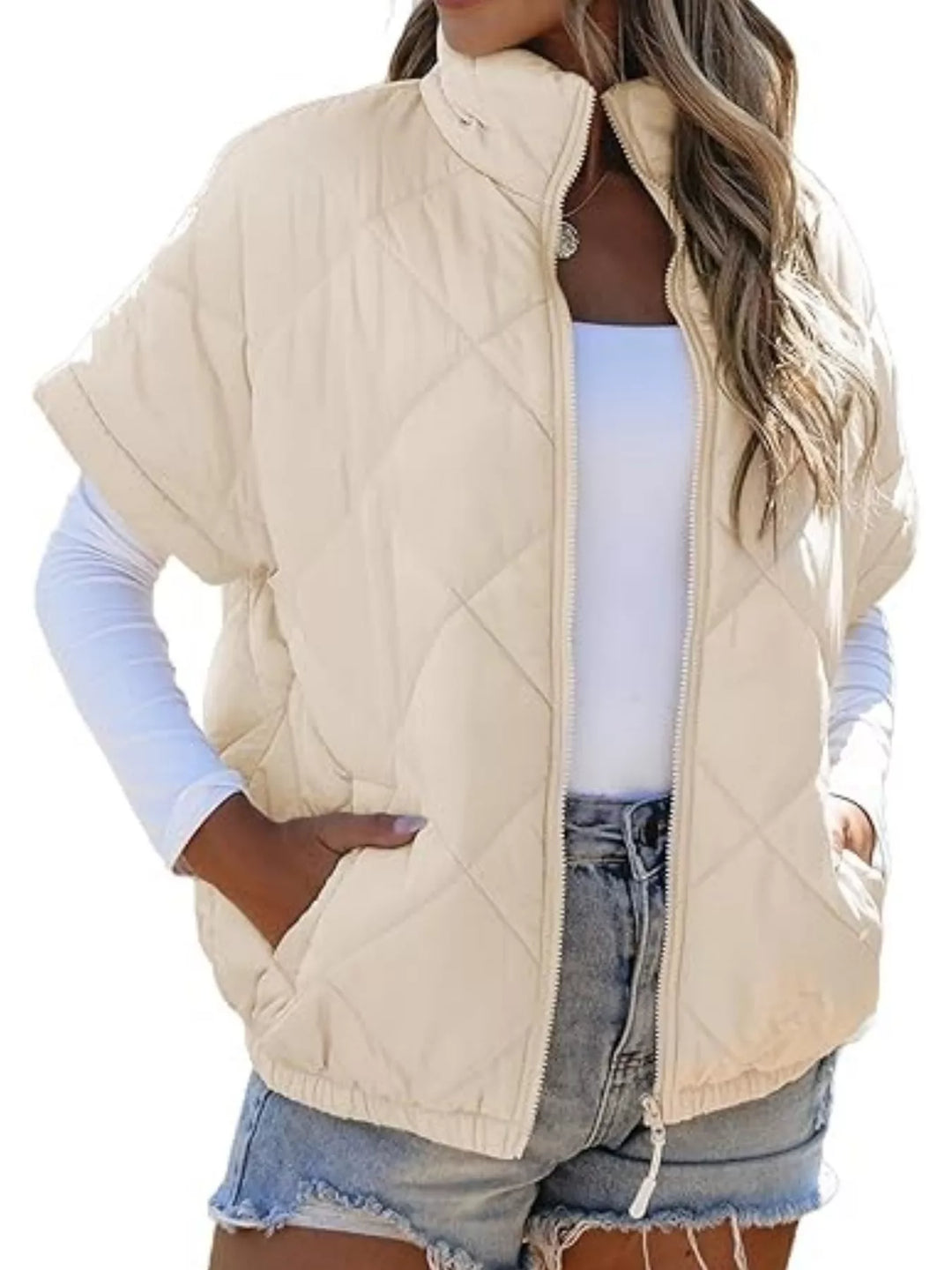 Diamond quilted short sleeve zip in apricot, front view