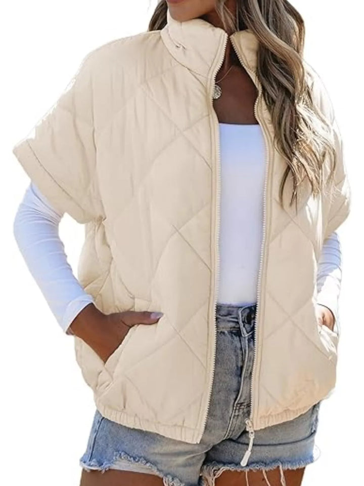 Diamond quilted short sleeve zip in apricot, front view