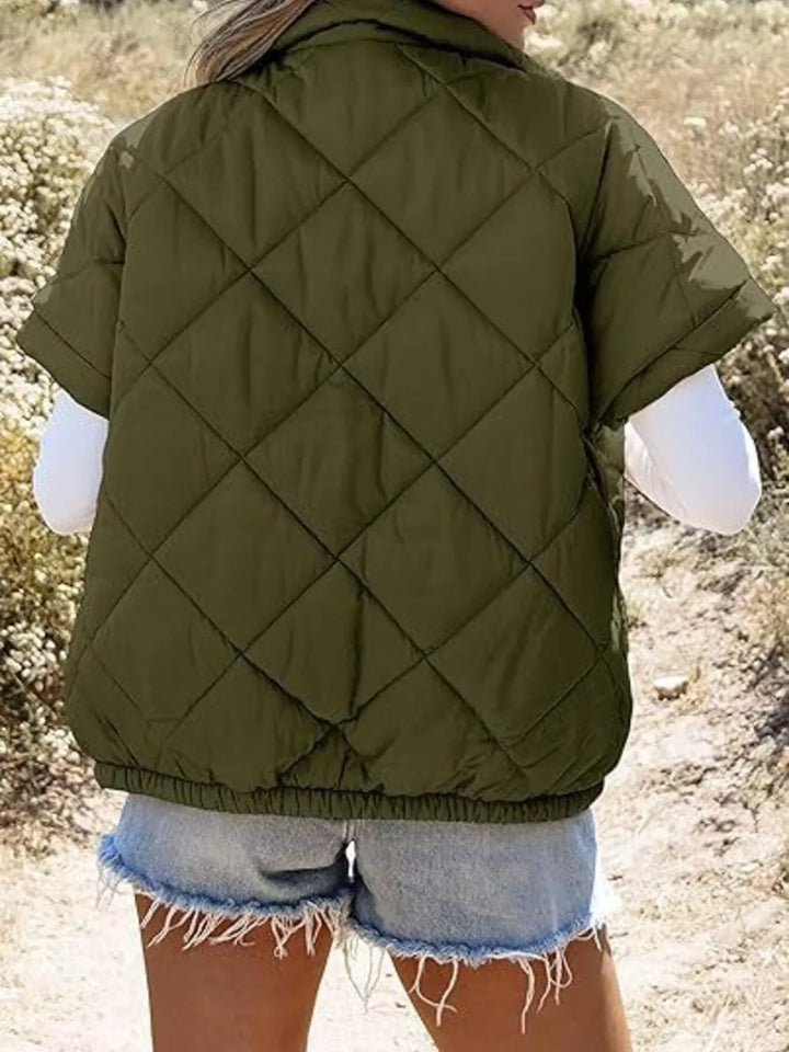 Diamond quilted short sleeve zip in army green, back view