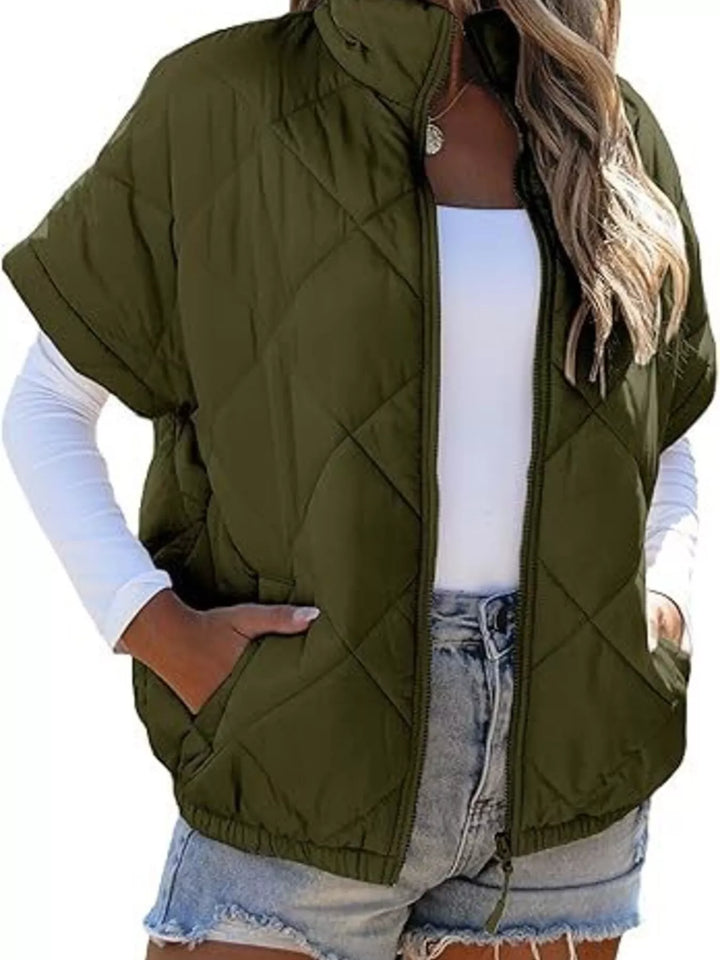 Diamond quilted short sleeve zip in army green, front view
