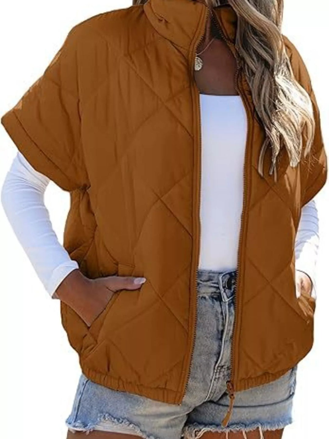 Diamond quilted short sleeve zip in caramel, front view