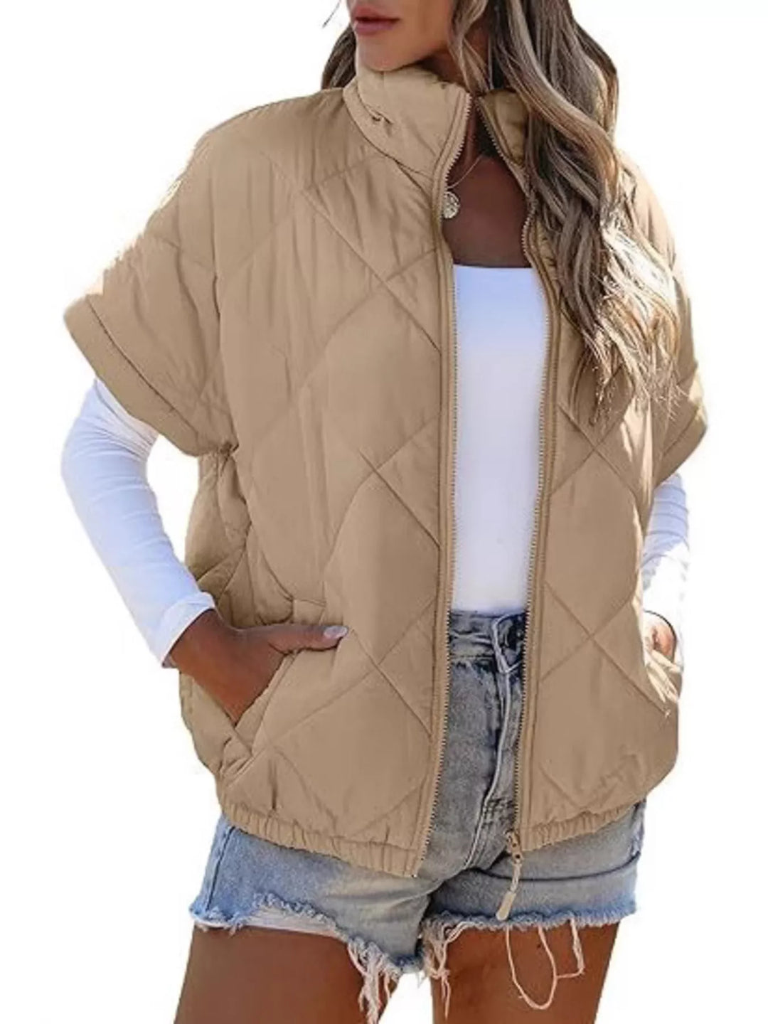 Diamond quilted short sleeve zip in khaki, front view