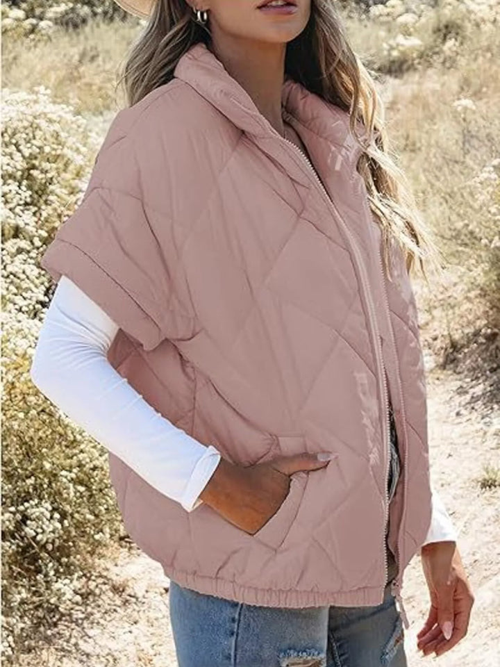 Diamond quilted short sleeve zip in pink, front view