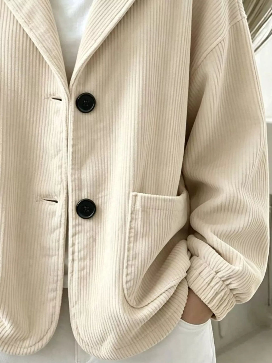 Hooded corduroy-look button front in beige, close-up detail 2