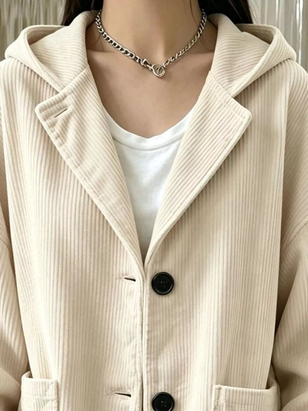 Hooded corduroy-look button front in beige, close-up detail