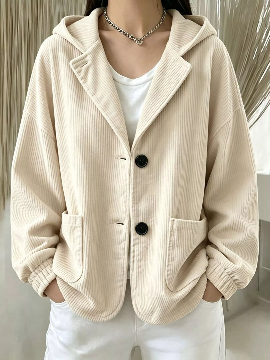 Hooded corduroy-look button front in beige, front view