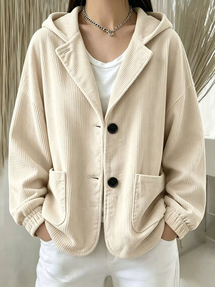 Hooded corduroy-look button front in beige, front view