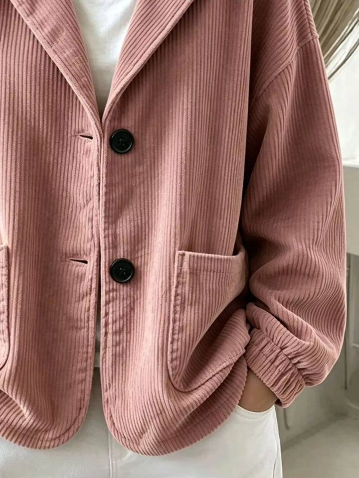 Hooded corduroy-look button front in dusty pink, close-up detail 2