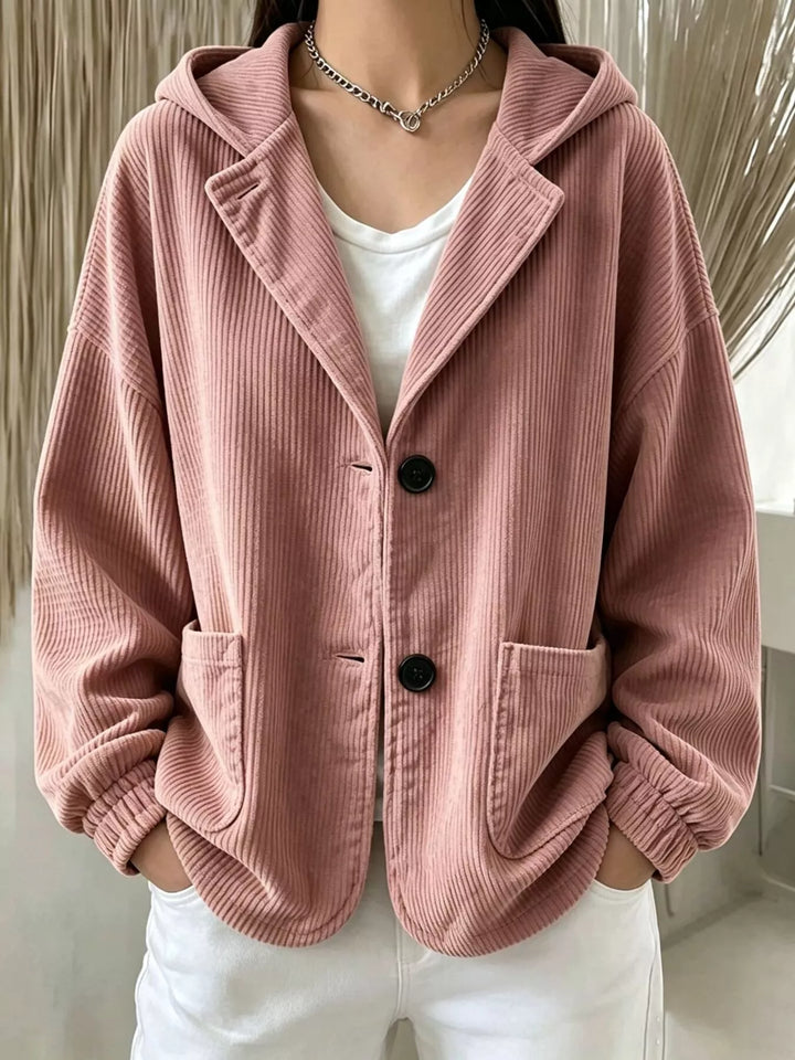 Hooded corduroy-look button front in dusty pink, front view