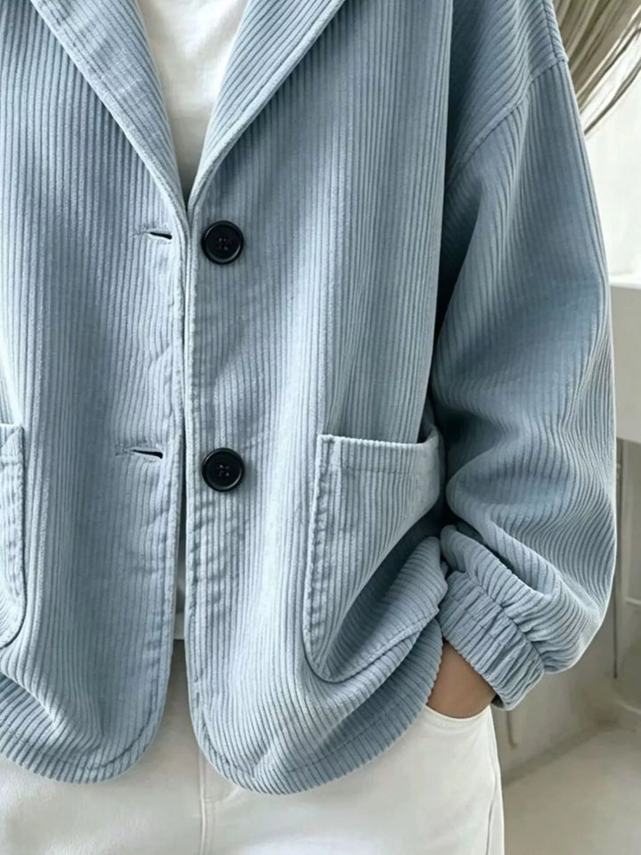 Hooded corduroy-look button front in light blue, close-up detail