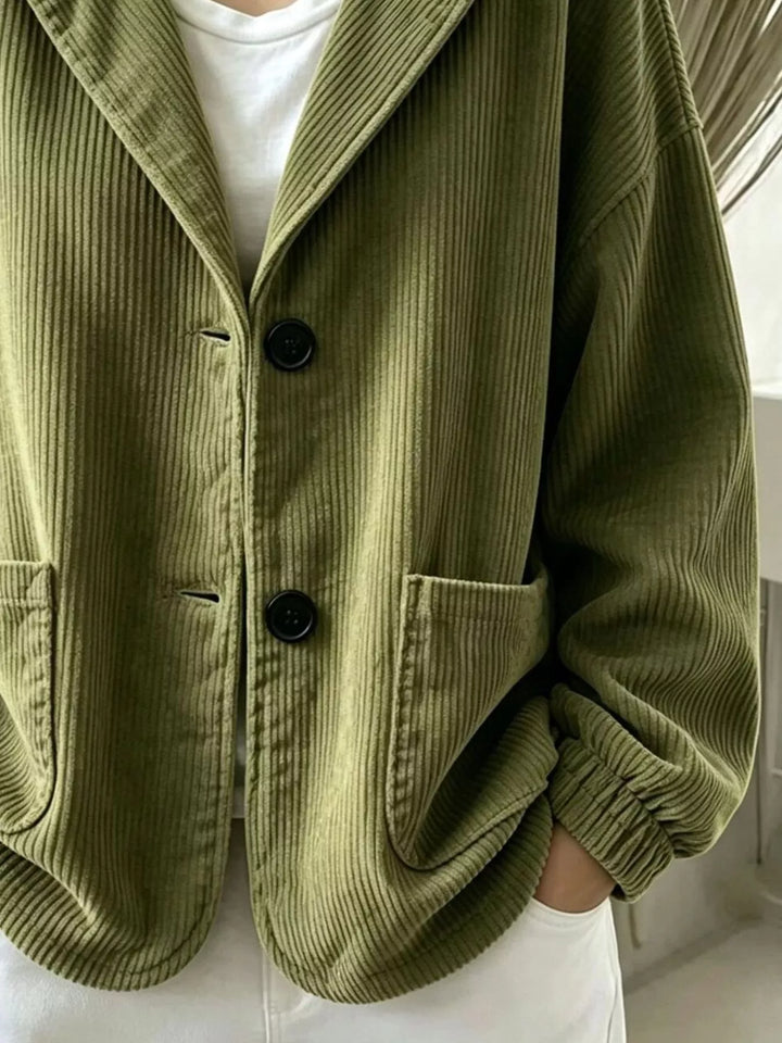 Hooded corduroy-look button front in moss, close-up detail 2