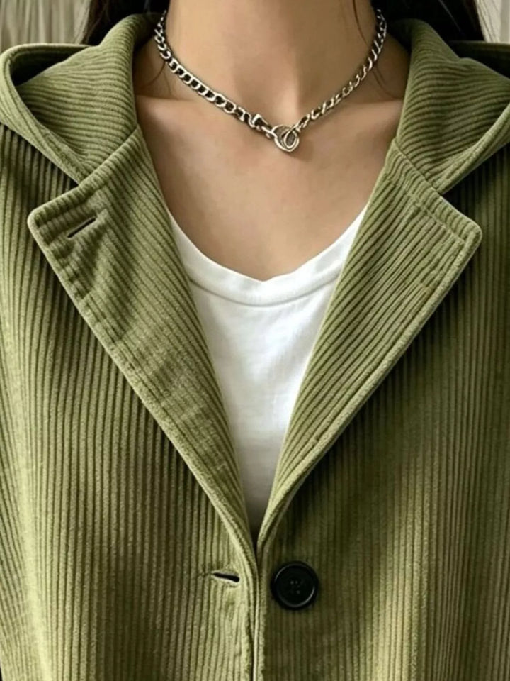 Hooded corduroy-look button front in moss, close-up detail