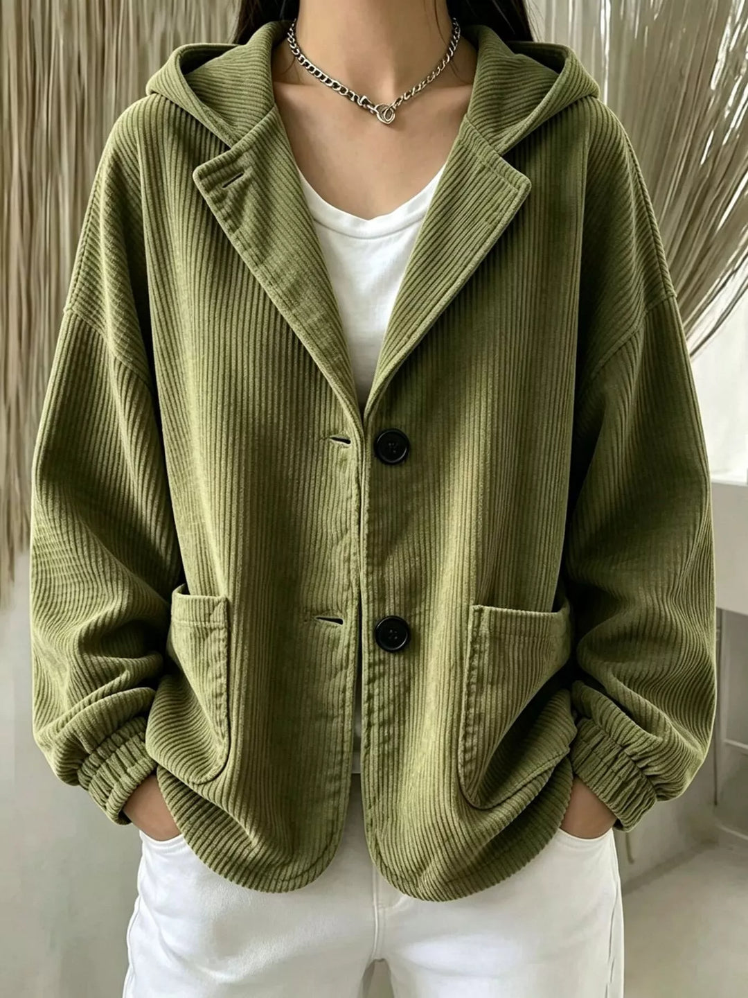 Hooded corduroy-look button front in moss, front view