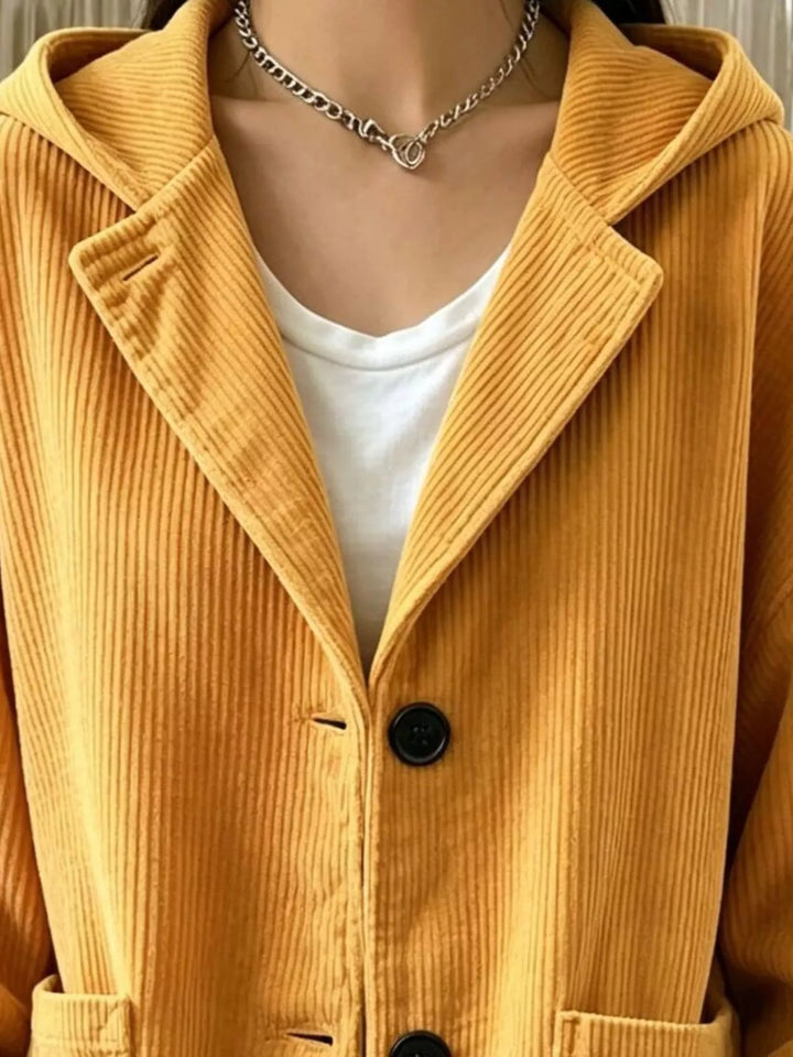 Hooded corduroy-look button front in mustard, close-up detail 2