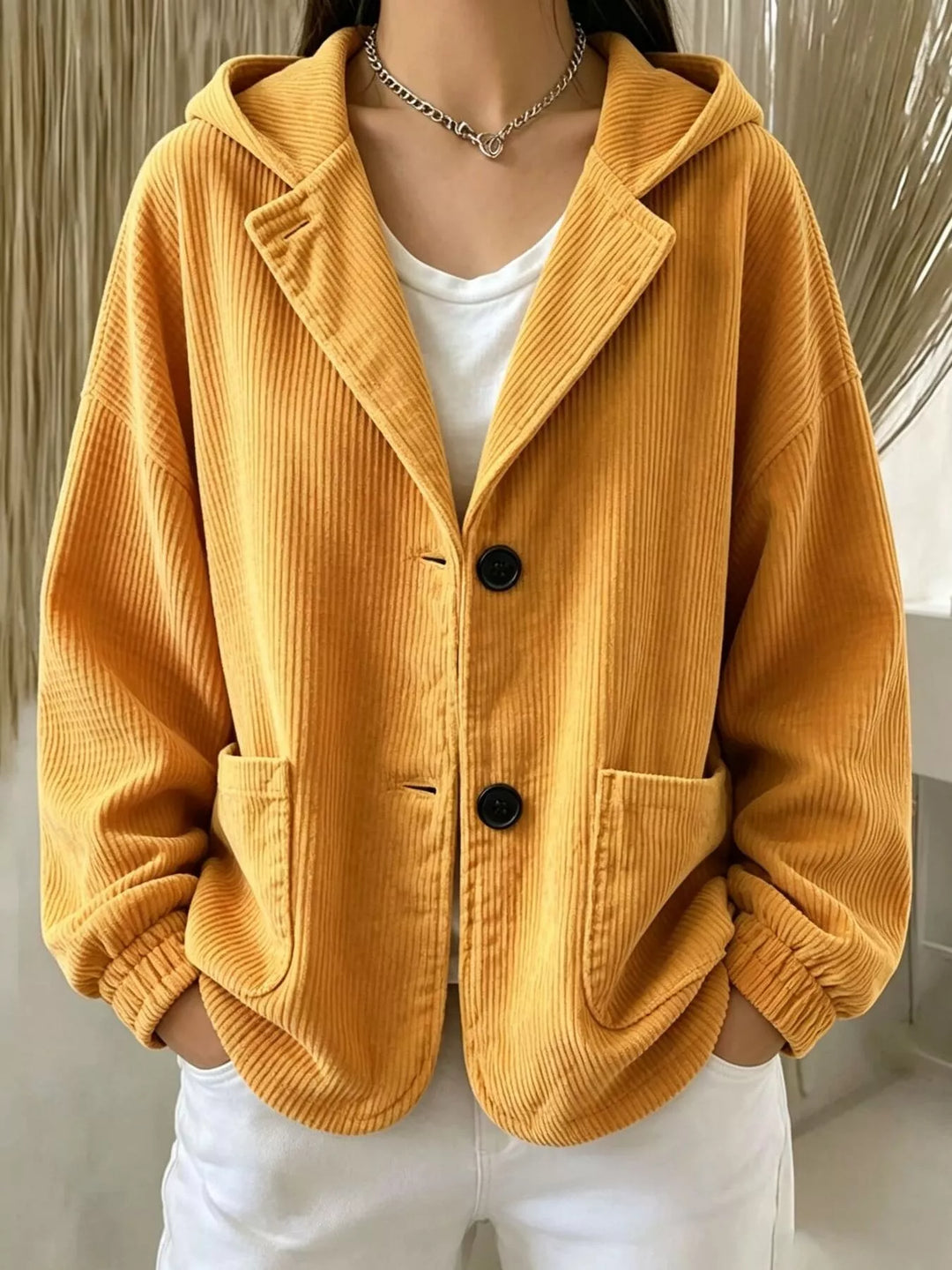 Women's winter jacket in mustard, hooded corduroy-look button front