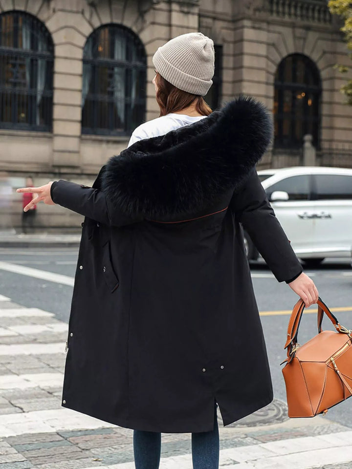 Faux fur hood drawstring waist longline in black, back view