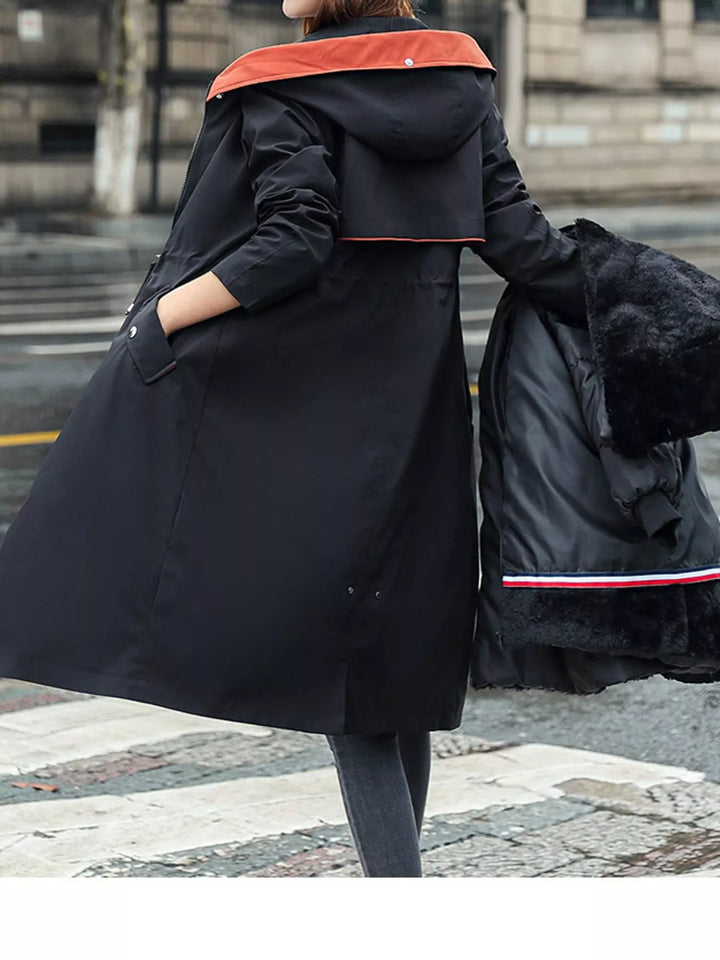 Faux fur hood drawstring waist longline in black, close-up detail 2