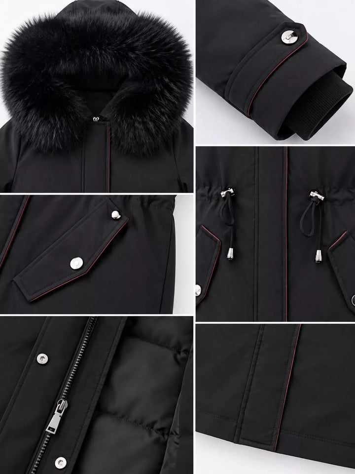 Faux fur hood drawstring waist longline in black, close-up detail 3