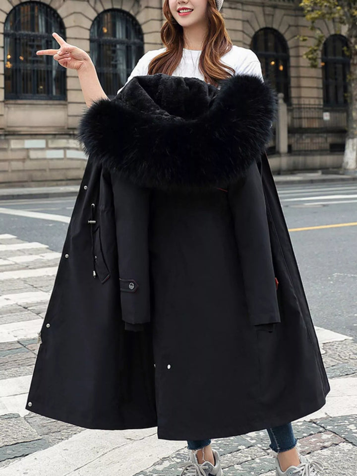 Faux fur hood drawstring waist longline in black, close-up detail