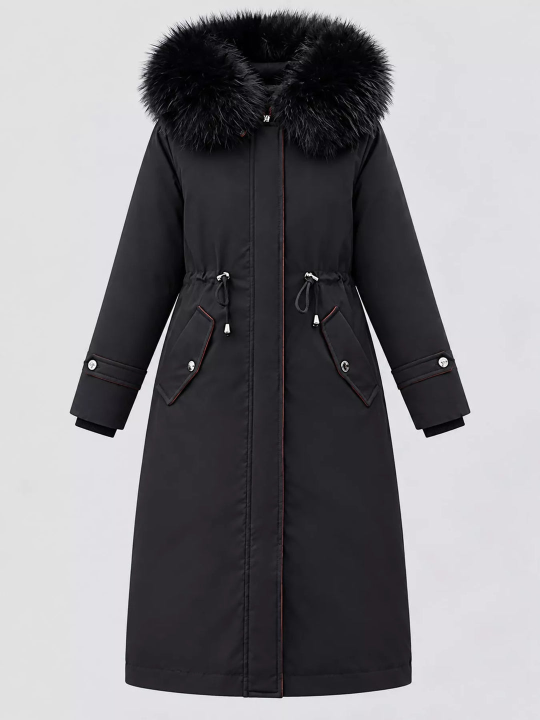 Faux fur hood drawstring waist longline in black, flat lay