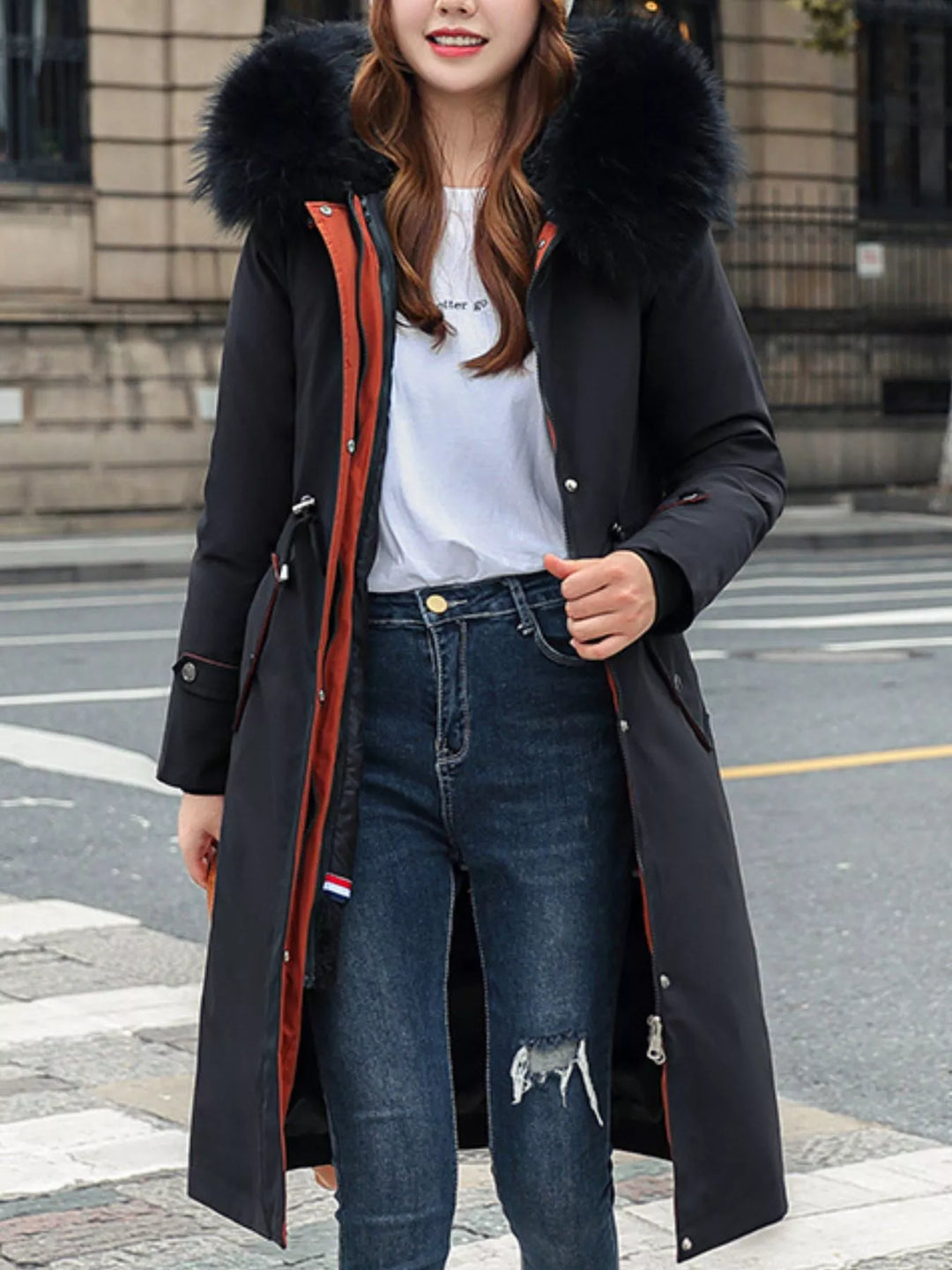 Faux fur hood drawstring waist longline in black, front view