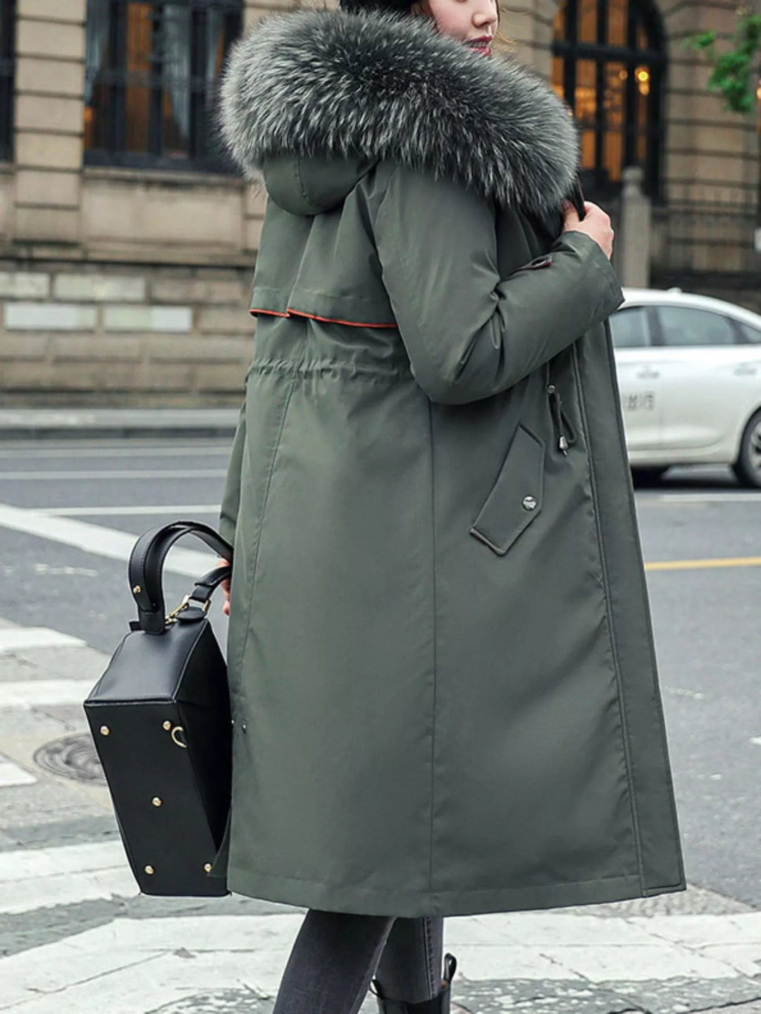 Faux fur hood drawstring waist longline in dark green, back view