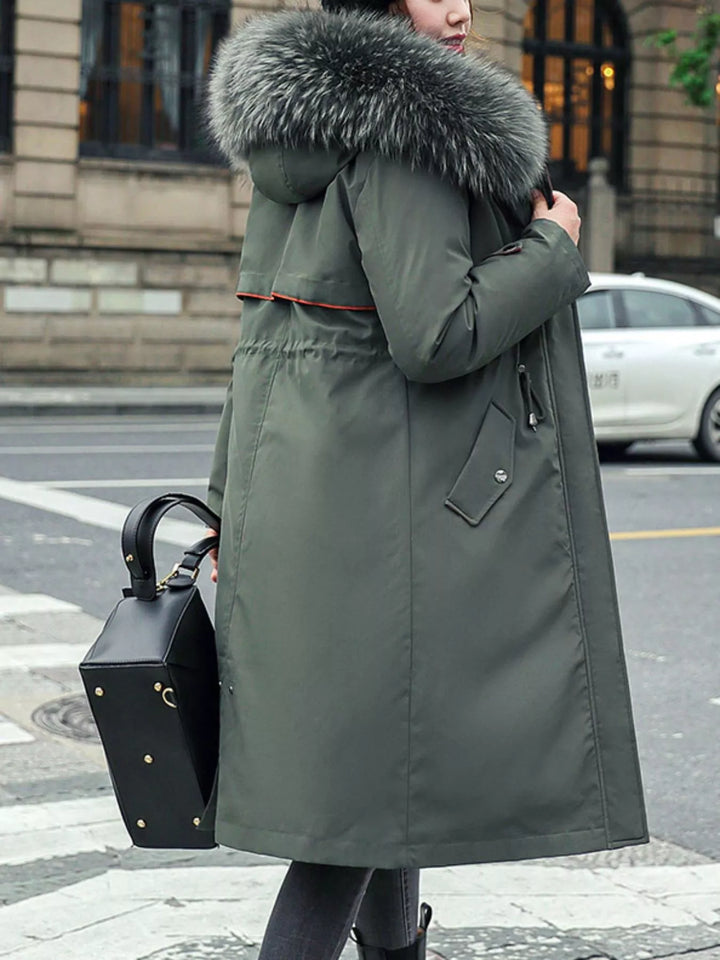 Faux fur hood drawstring waist longline in dark green, back view