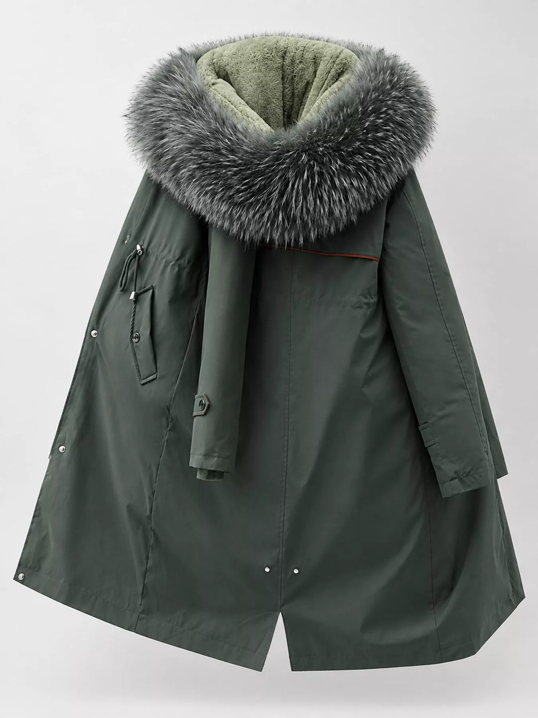 Faux fur hood drawstring waist longline in dark green, flat lay 2
