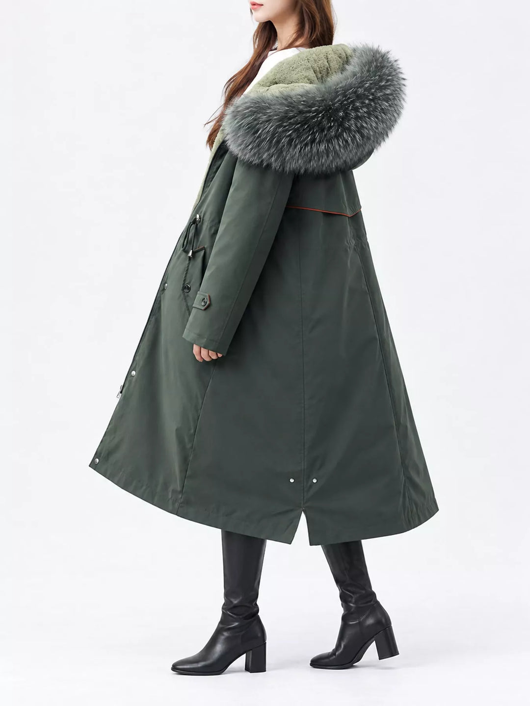 Faux fur hood drawstring waist longline in dark green, front view
