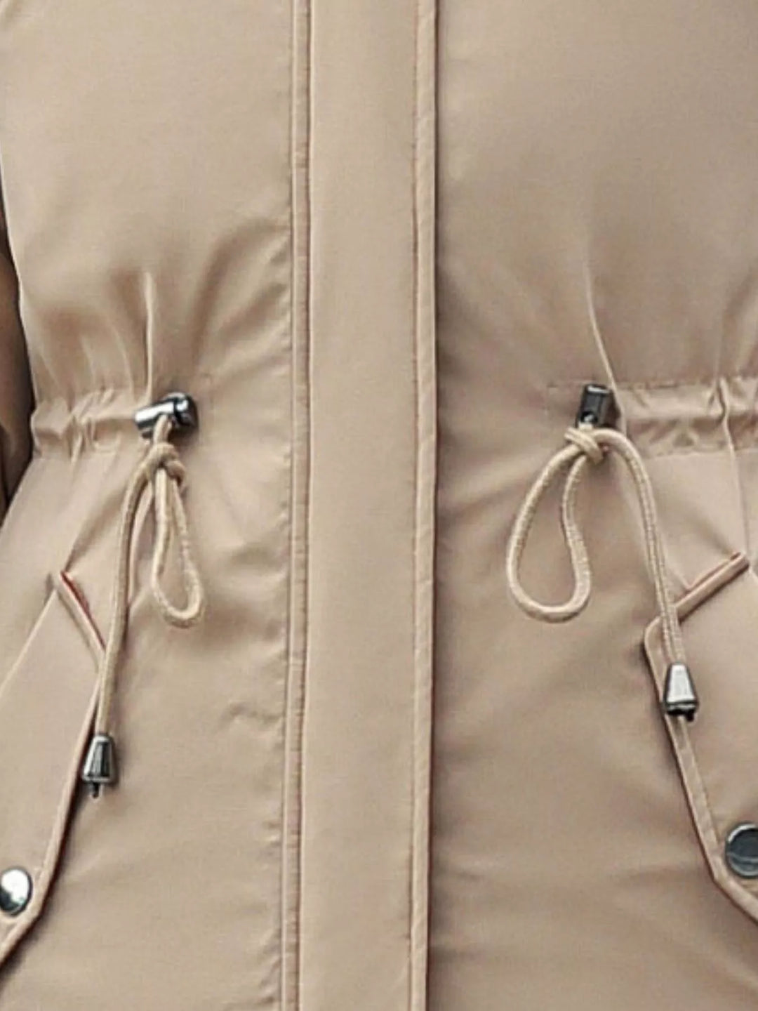 Faux fur hood drawstring waist longline in khaki, close-up detail 2