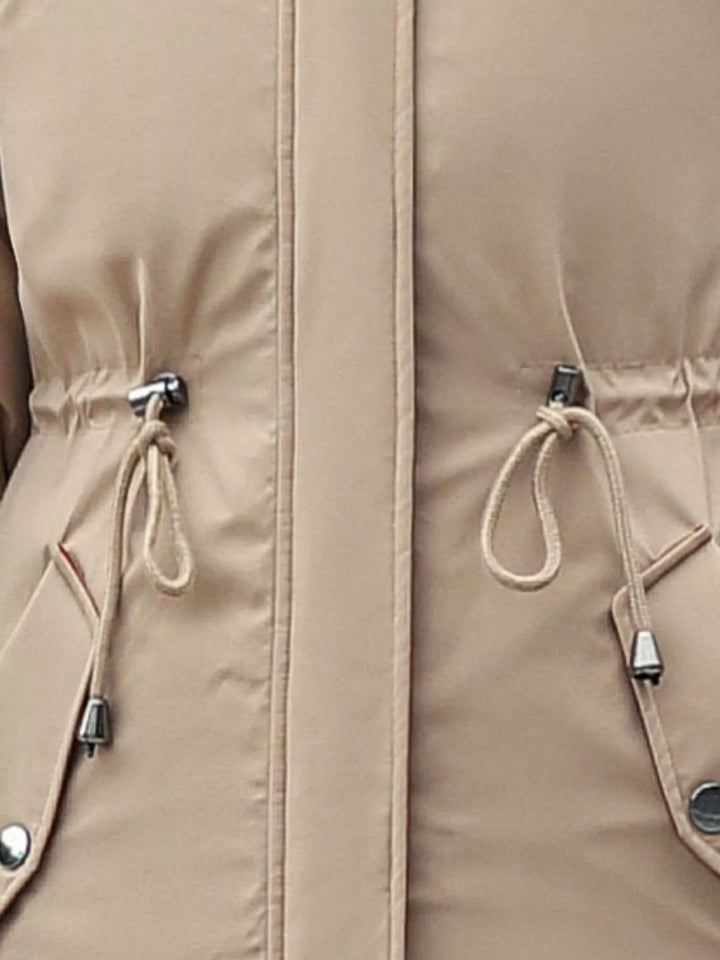Faux fur hood drawstring waist longline in khaki, close-up detail 2