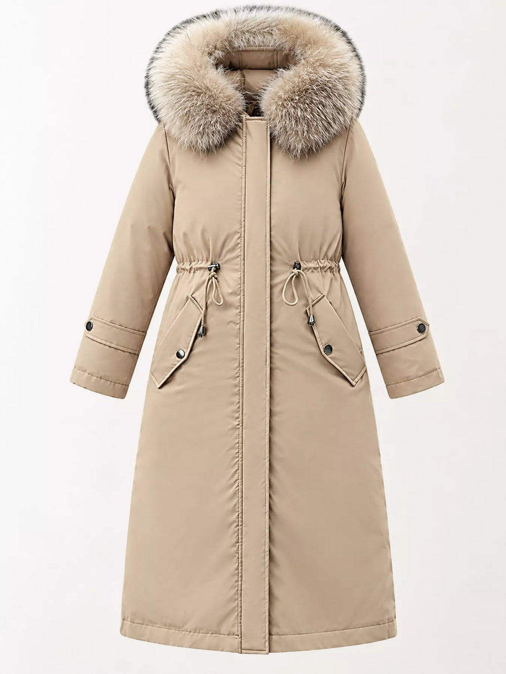 Faux fur hood drawstring waist longline in khaki, flat lay