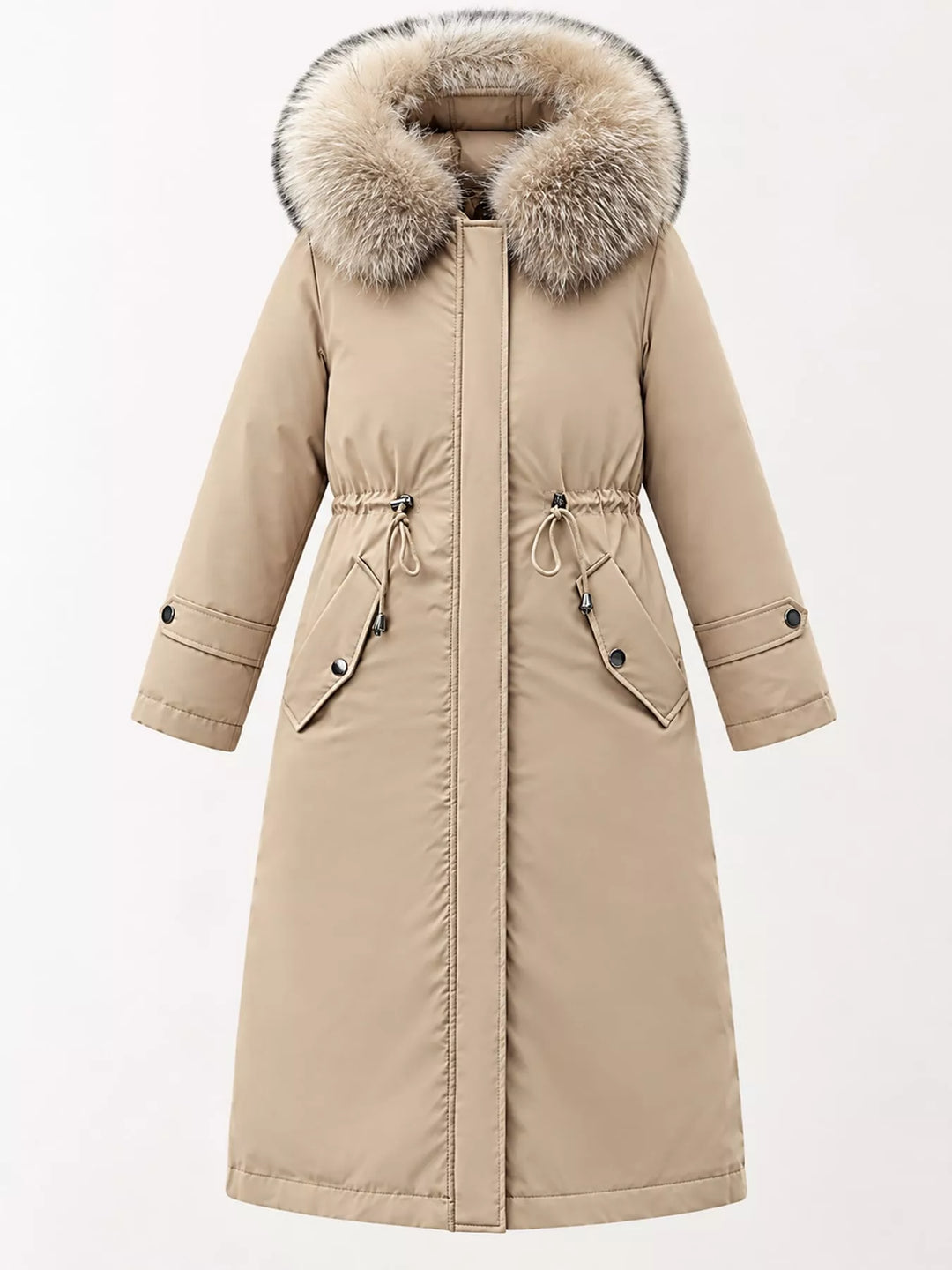 Faux fur hood drawstring waist longline in khaki, flat lay