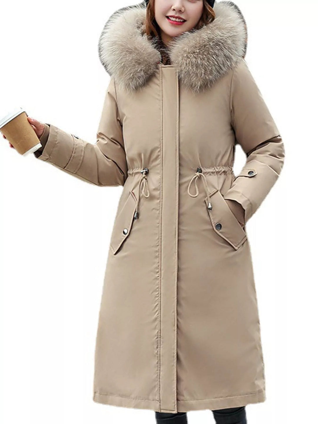 Faux fur hood drawstring waist longline in khaki, front view