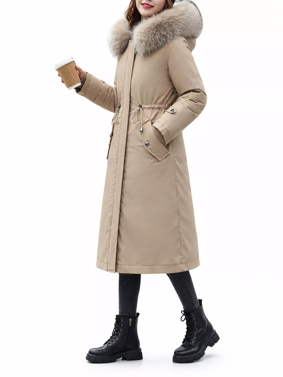 Faux fur hood drawstring waist longline in khaki, styled on model 2
