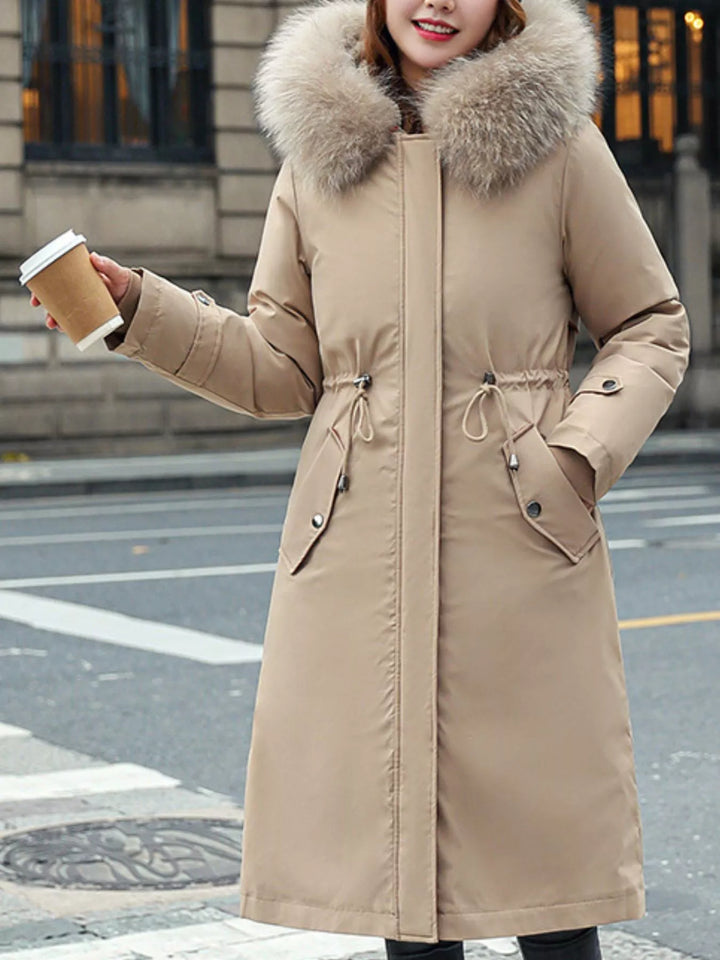 Women's winter parka in khaki, faux fur hood drawstring waist longline