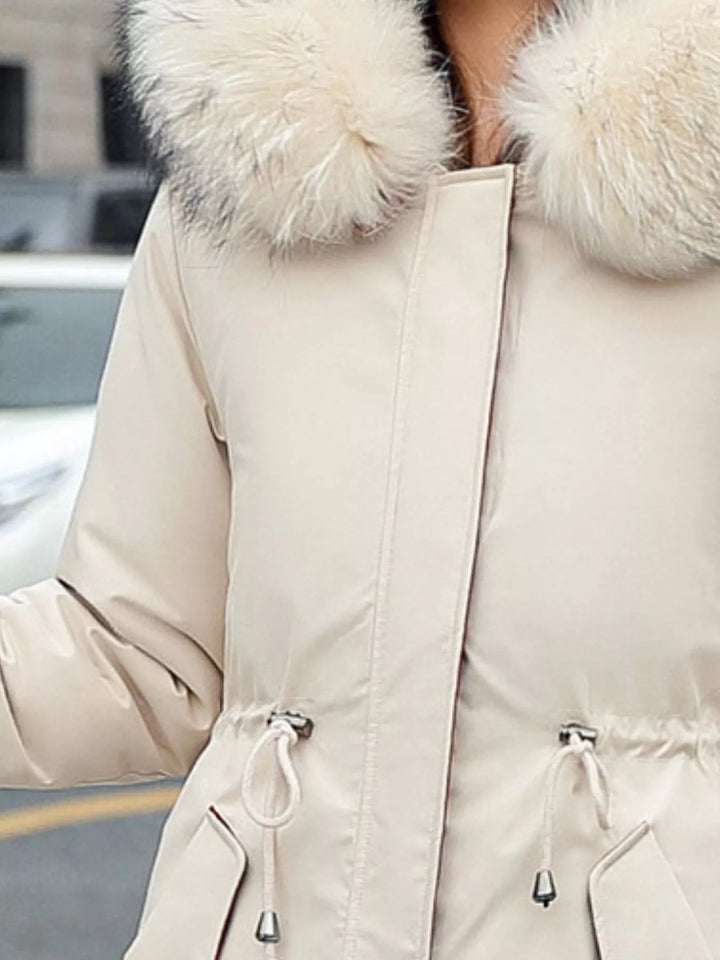 Faux fur hood drawstring waist longline in off-white, close-up detail 2