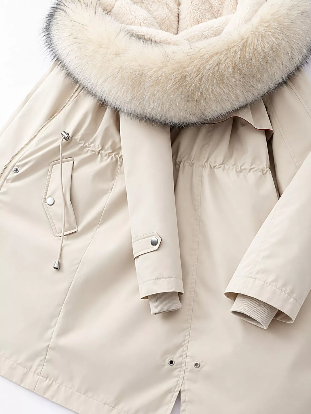 Faux fur hood drawstring waist longline in off-white, flat lay 2