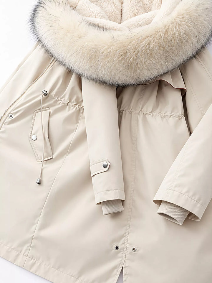 Faux fur hood drawstring waist longline in off-white, flat lay 2